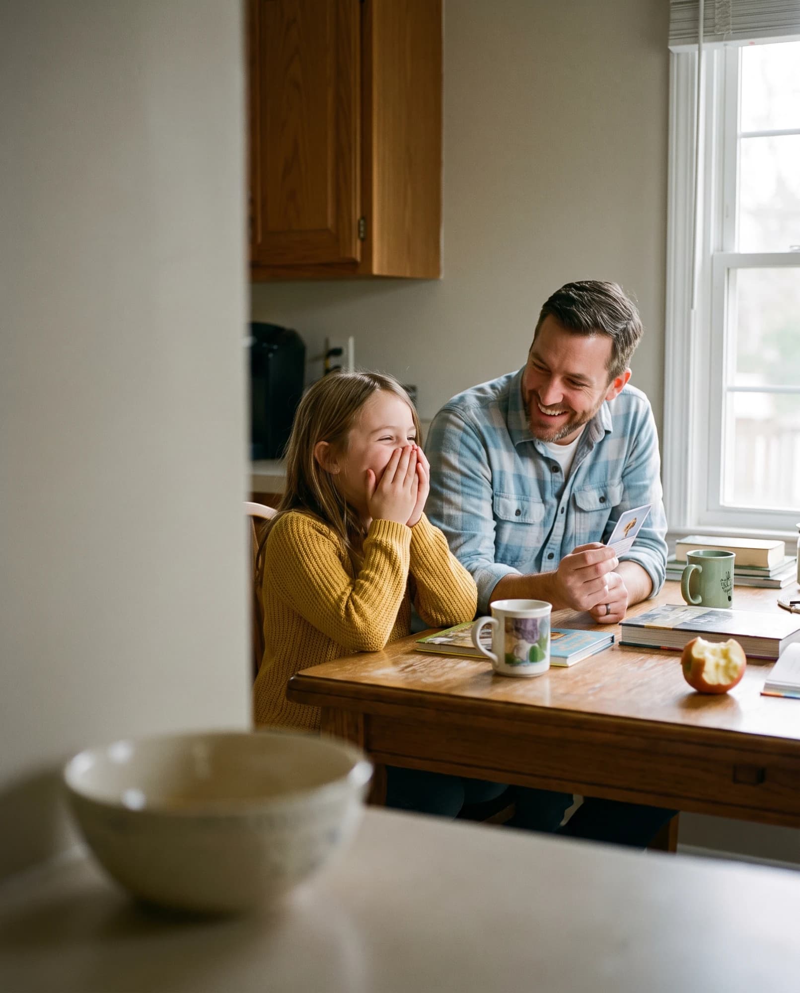 A dad reads a question card to his daughter at the kitchen table and she laughs