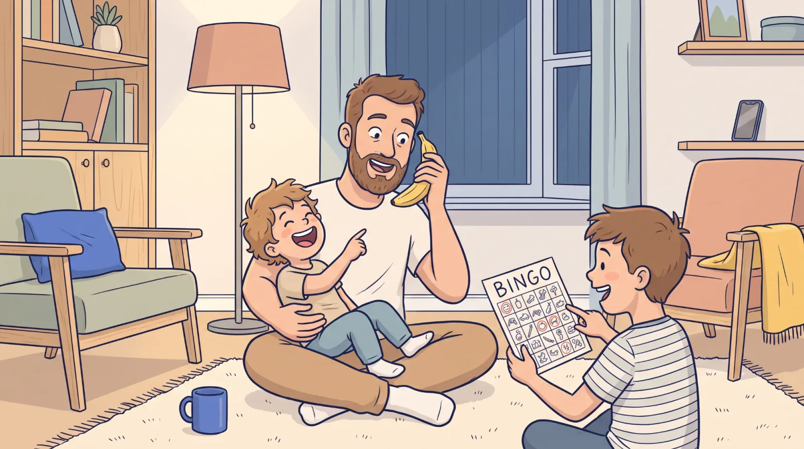 A dad on the living room rug laughing with his two sons, one pretending to call on a banana and one holding a bingo card