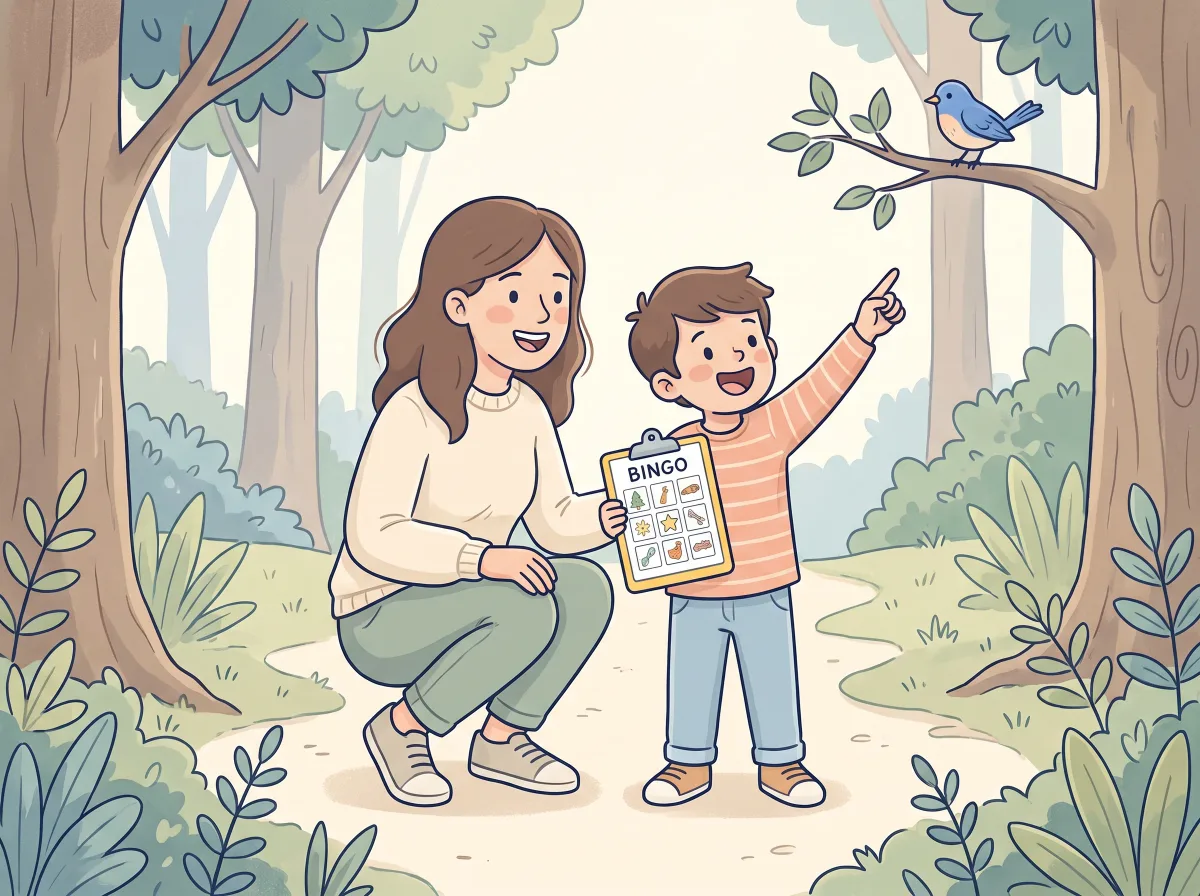 Nature hike bingo: a parent and child doing it together