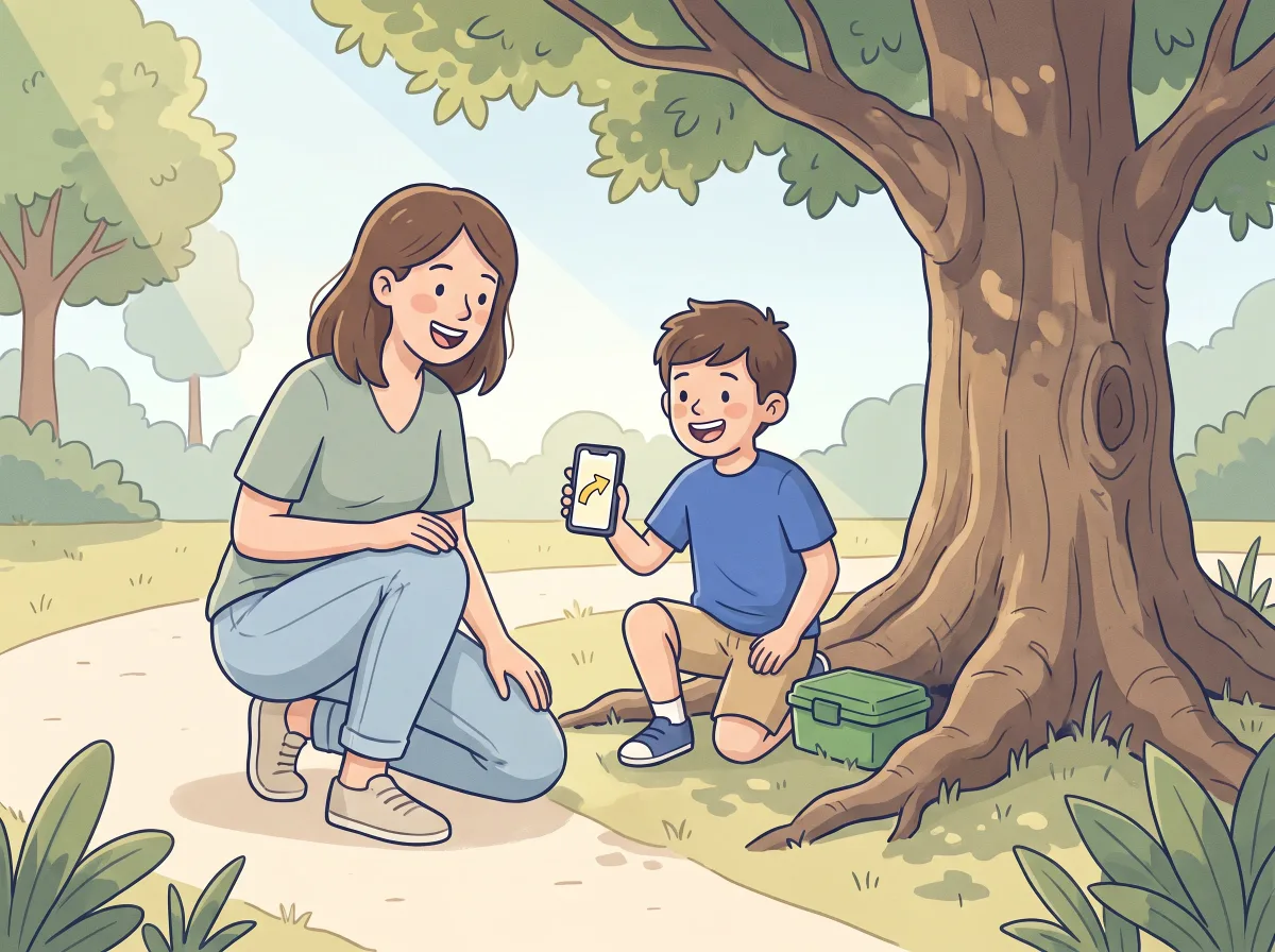 Geocaching treasure hunt: a parent and child doing it together