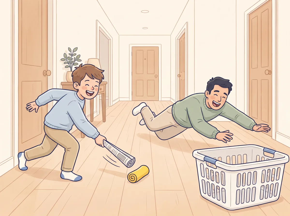 Hallway sock hockey: a parent and child doing it together