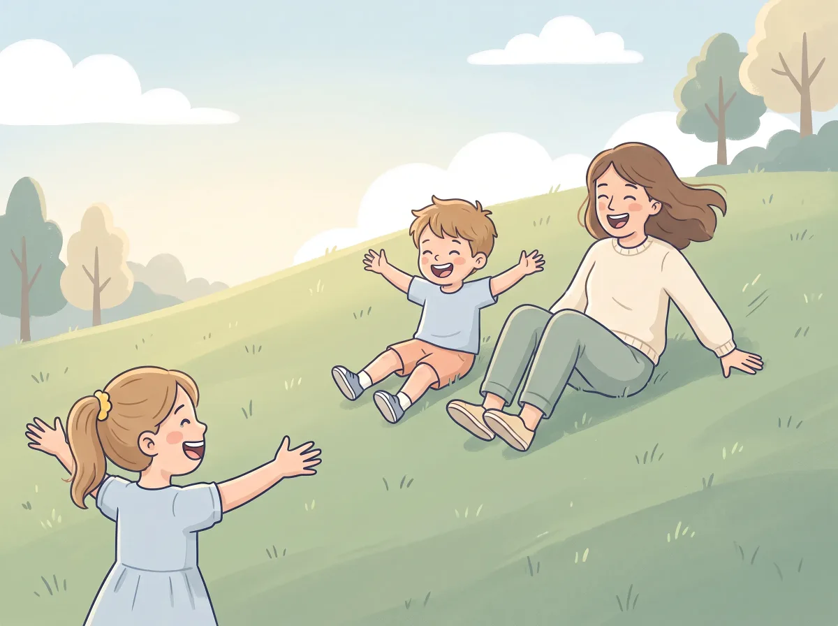 Roll down the grassy hill: a parent and child doing it together