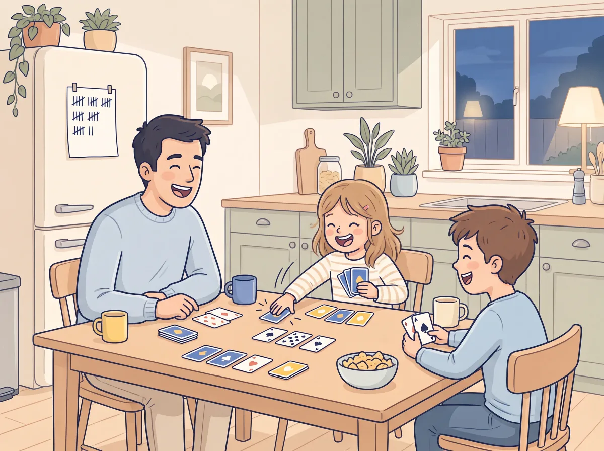 Family card game tournament: a parent and child doing it together