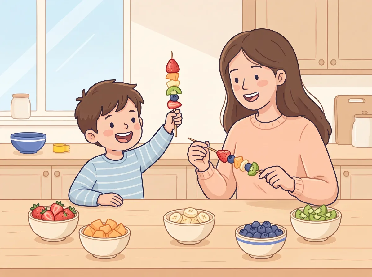 Fruit kebab bar: a parent and child doing it together