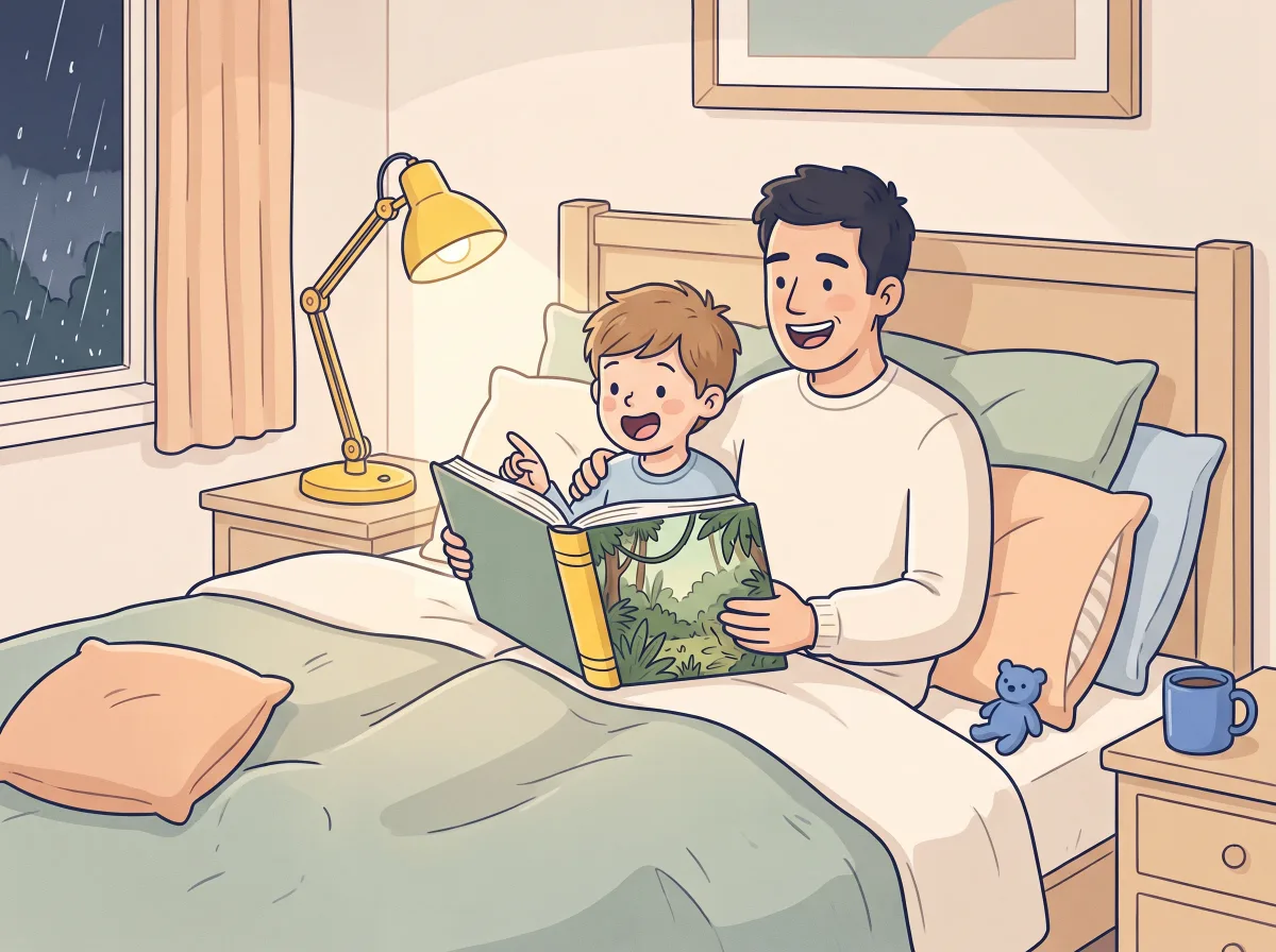 Evening read-aloud: a parent and child doing it together