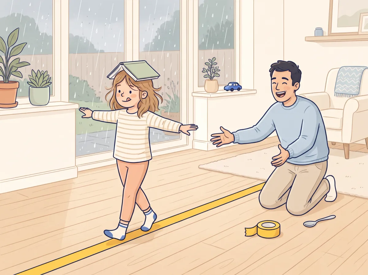 Tightrope on the floor: a parent and child doing it together