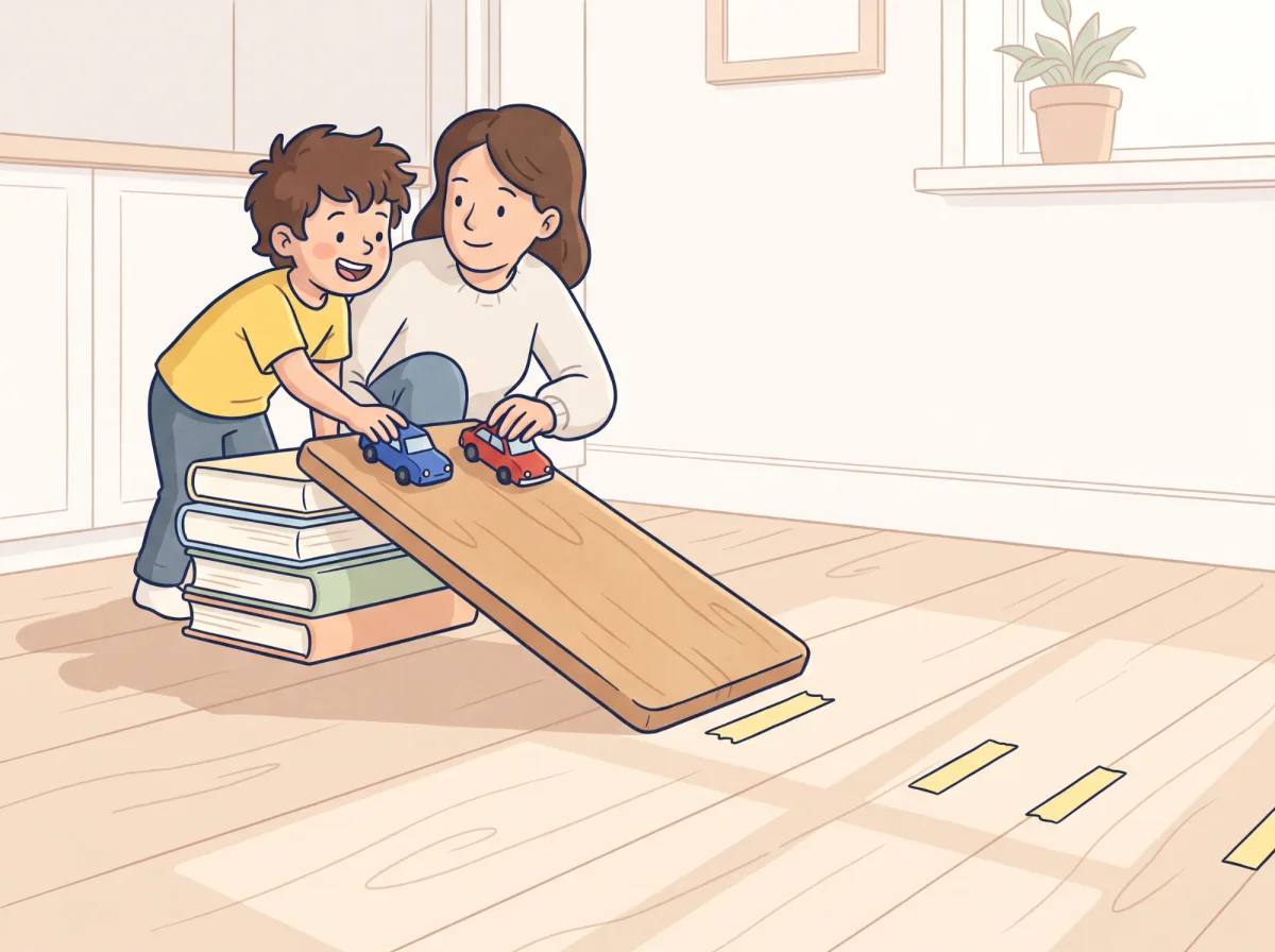 Build a ramp, race the cars: a parent and child doing it together