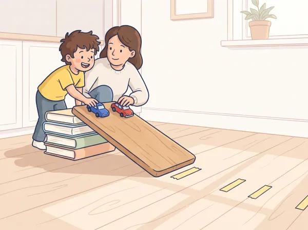 Build a ramp, race the cars: a parent and child doing it together