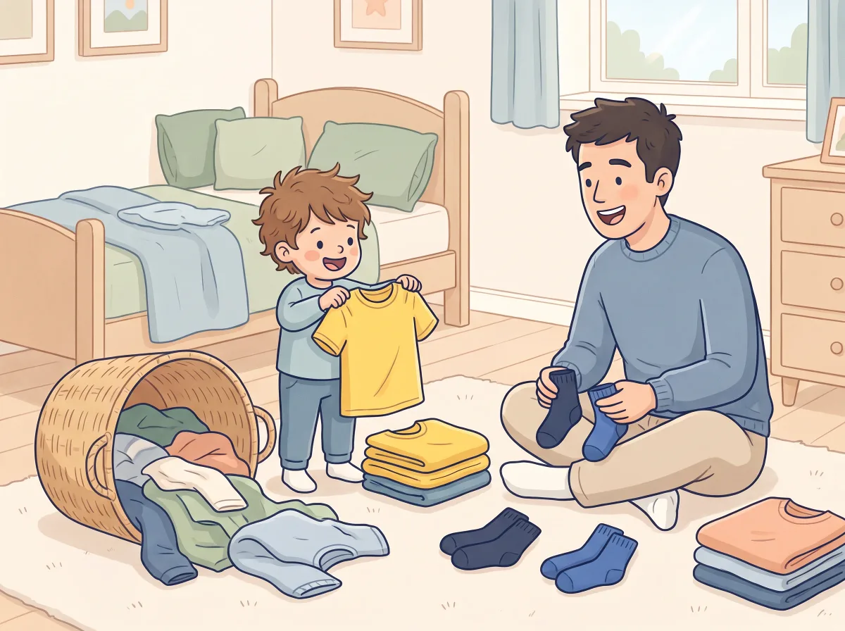 Sort the laundry by color: a parent and child doing it together