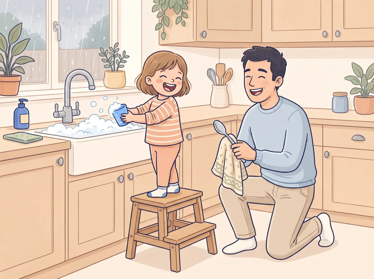 Sudsy sink helper: a parent and child doing it together