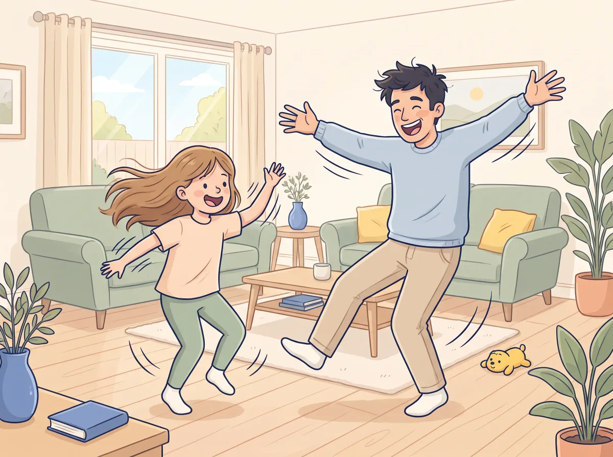 Shake it out, then freeze: a parent and child doing it together